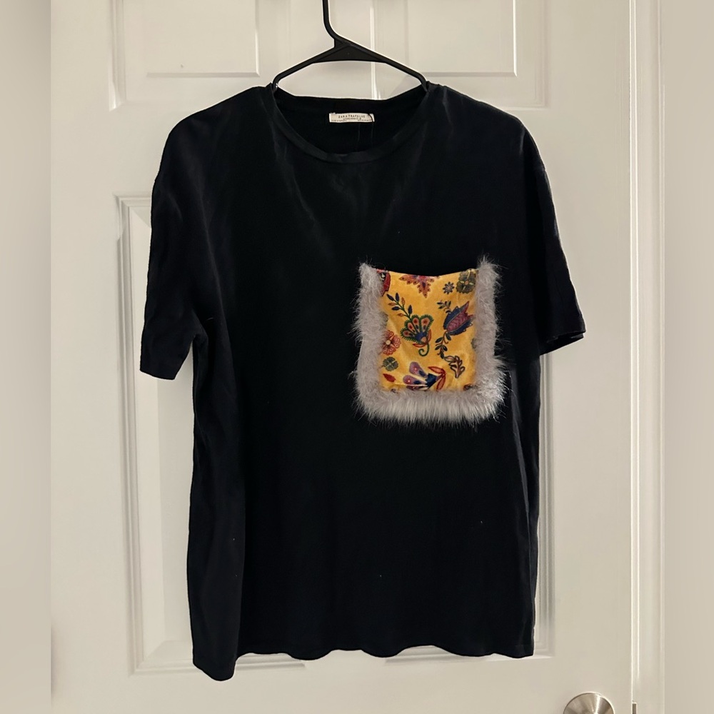 Zara Black Tee with Yellow Patterned Pocket